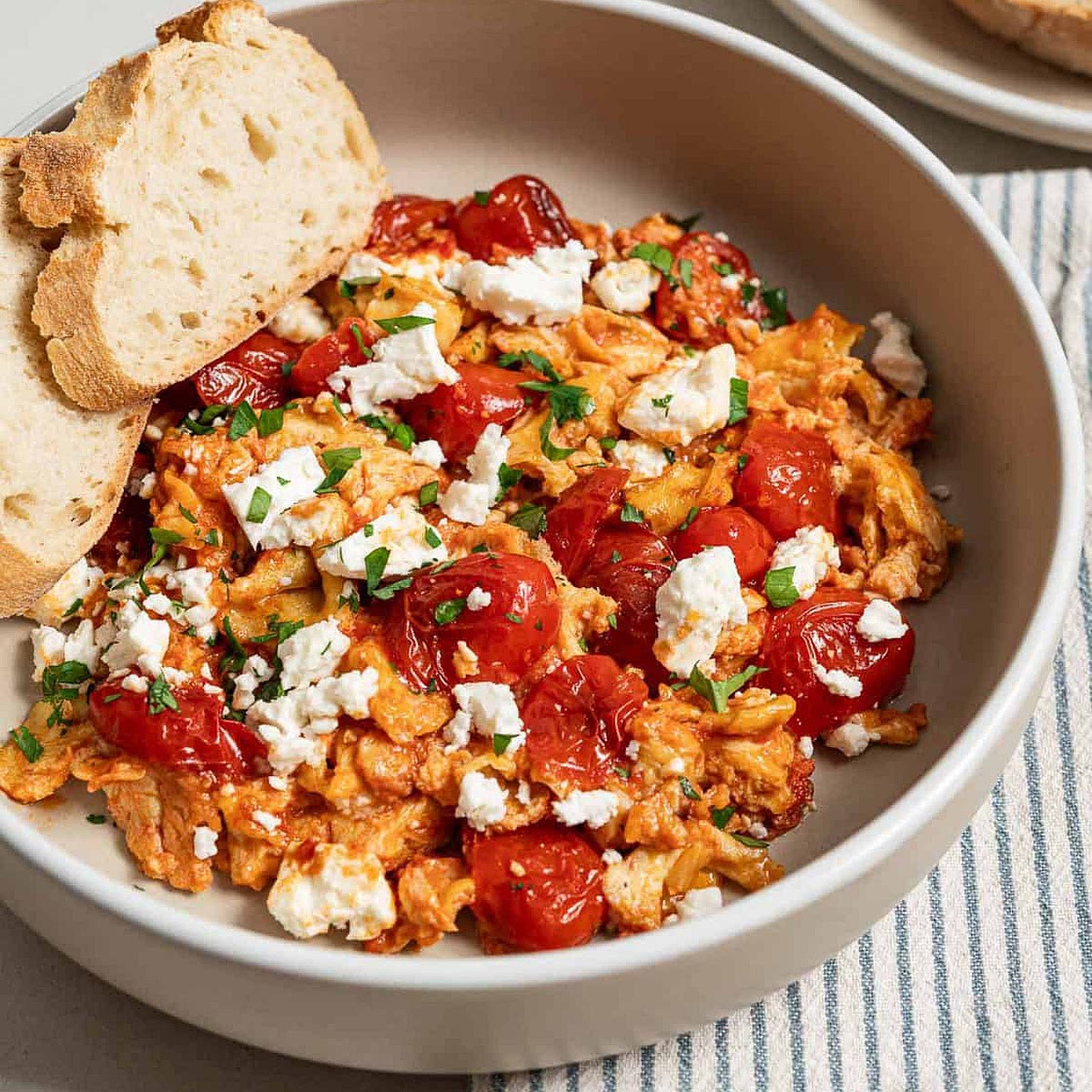 Strapatsada (Greek Tomato Feta Scrambled Eggs)