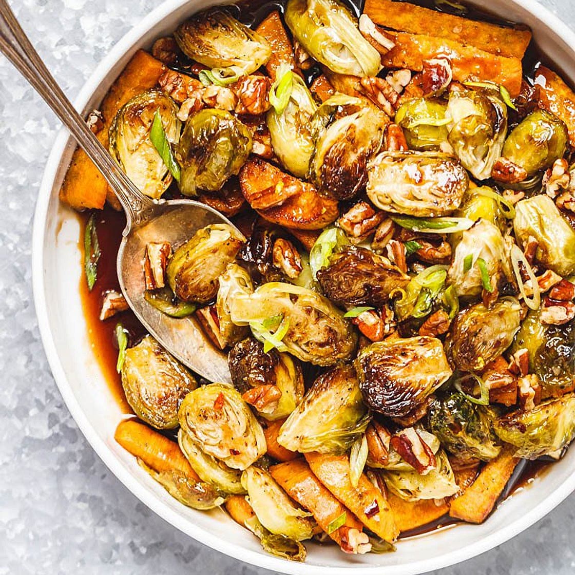 Roasted Brussels Sprouts and Sweet Potato with Balsamic Honey Glaze
