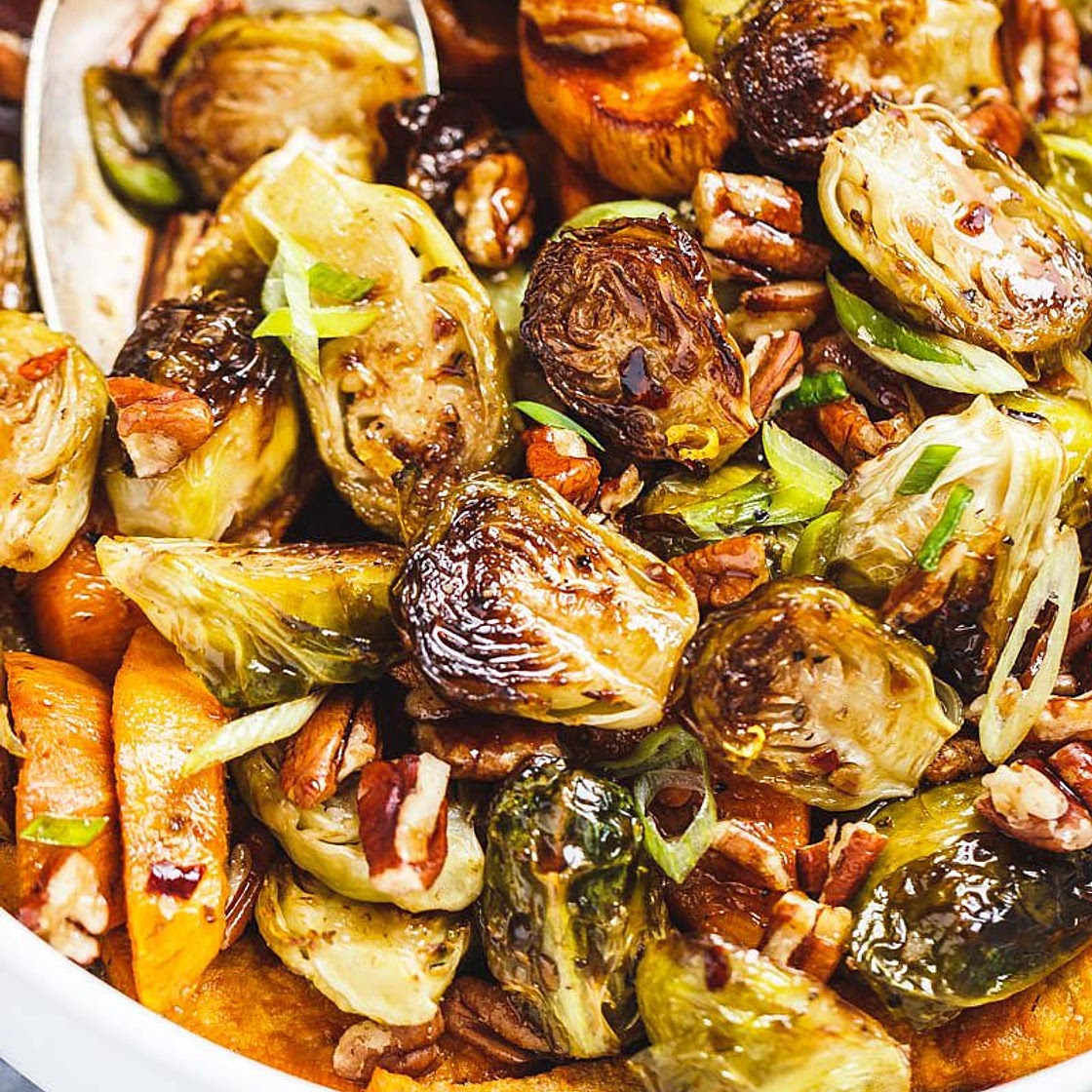 Roasted Brussels Sprouts and Sweet Potato with Balsamic Honey Glaze