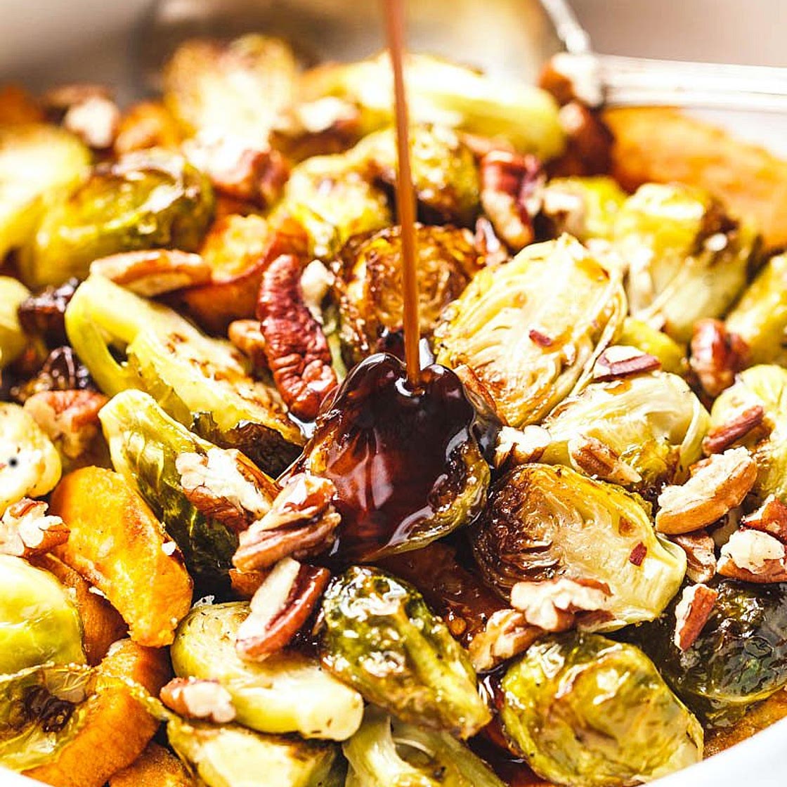 Roasted Brussels Sprouts and Sweet Potato with Balsamic Honey Glaze