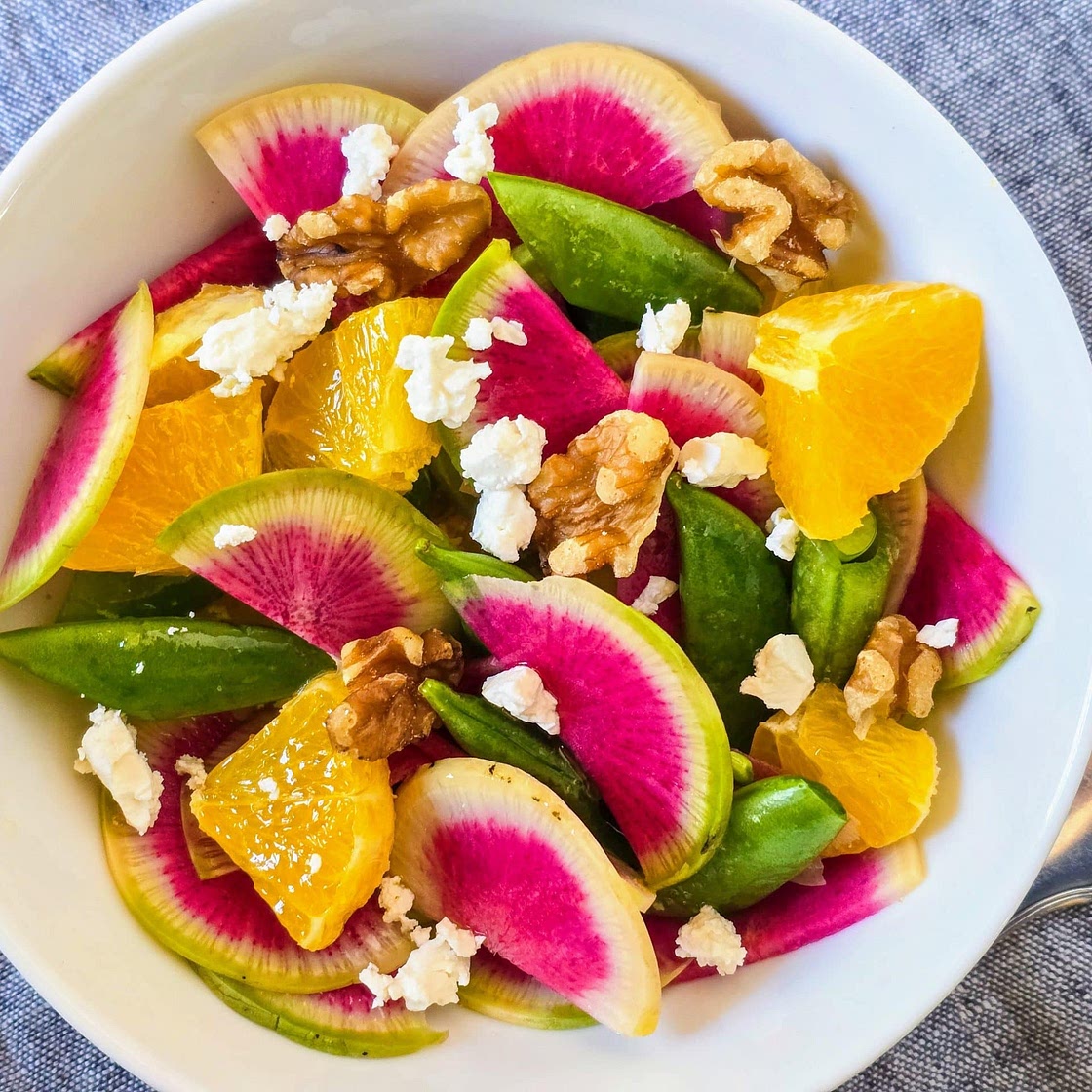 Watermelon Radish Salad with Sugar Snap Peas, Orange & Feta
