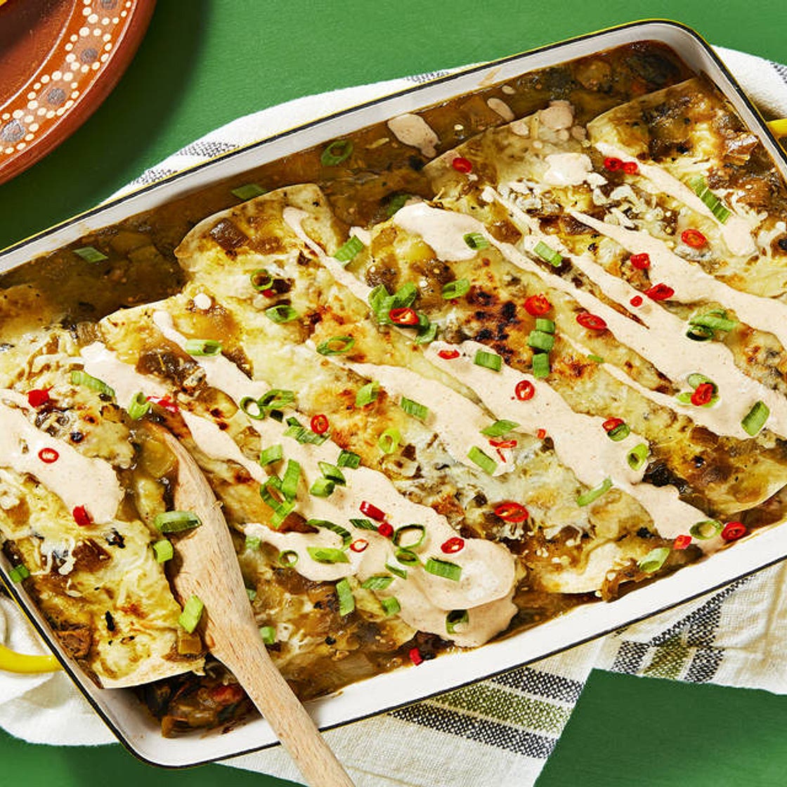 Salsa Verde Enchiladas with Poblano Pepper, Black Beans & Monterey Jack Cheese
