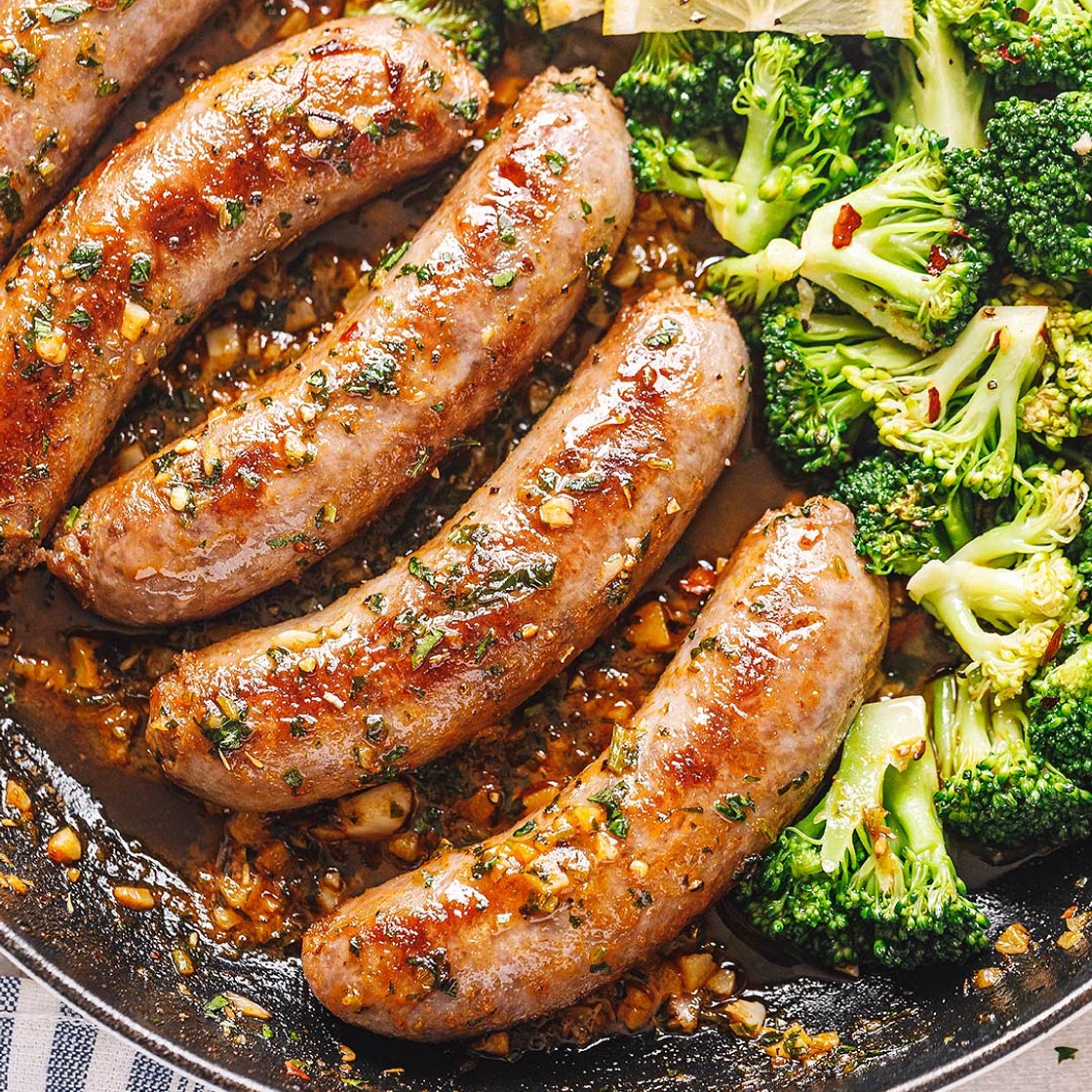 Garlic Butter Sausages and Broccoli Skillet