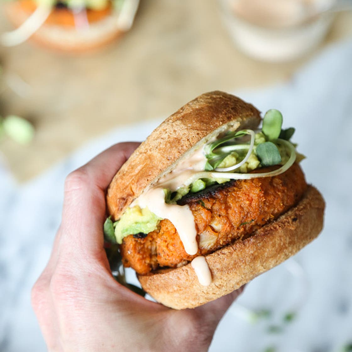 Cauliflower Sweet Potato Burgers with Avocado and Sriracha Aioli (Vegetarian Paleo)