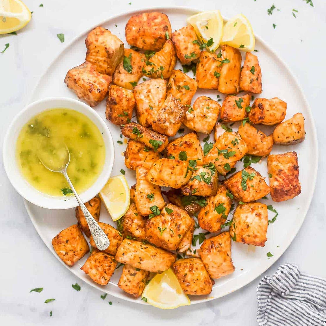 Blackened Air Fryer Salmon Bites with Garlic Honey Butter
