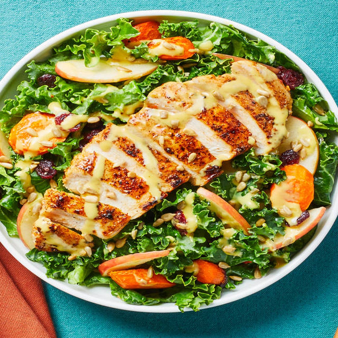 Brown Sugar Bourbon Chicken Salad with Kale, Apple, Roasted Carrots, Sunflower Seeds & Honey Dijon Dressing