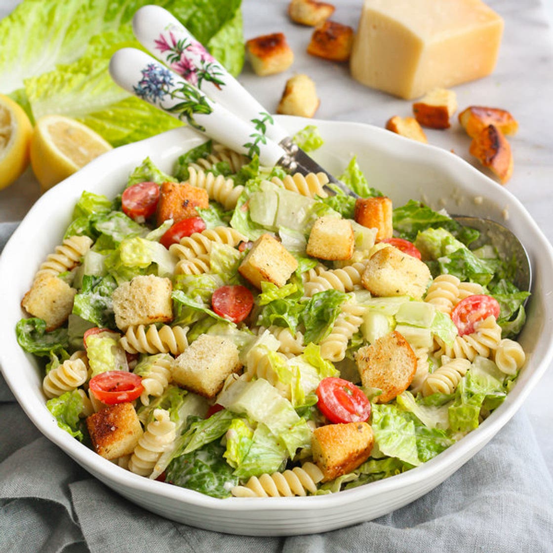Rotini Caesar Salad with Homemade Garlic Croutons