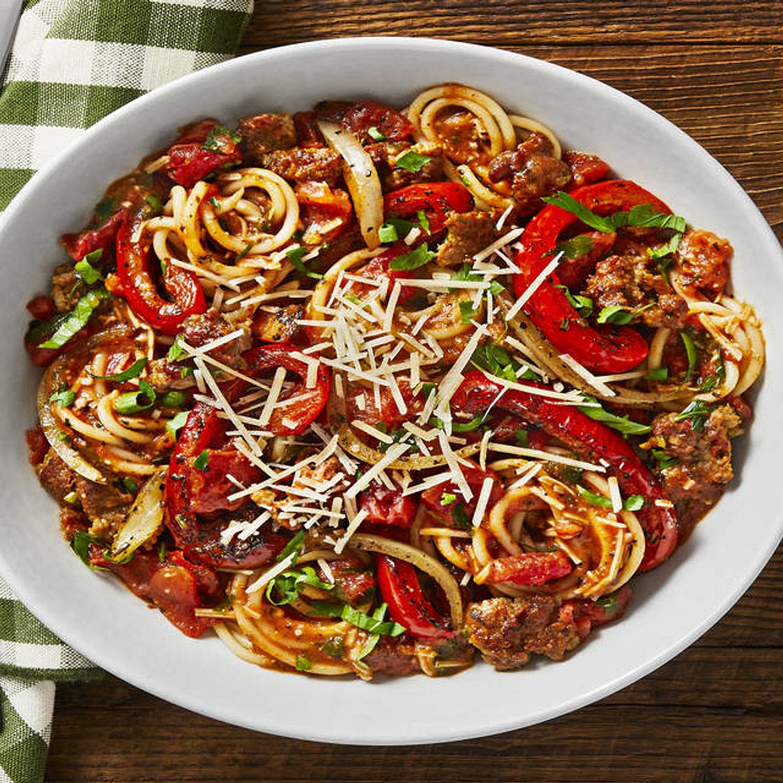 Tuscan Sausage and Pepper Spaghetti with Tomatoes and Parmesan