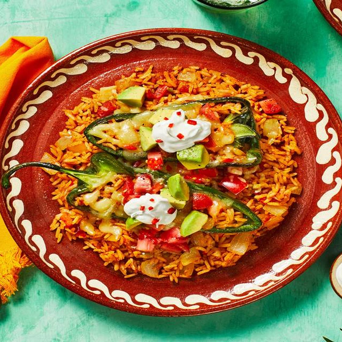 Veggie Chiles Rellenos with Avocado Salsa and Zesty Crema