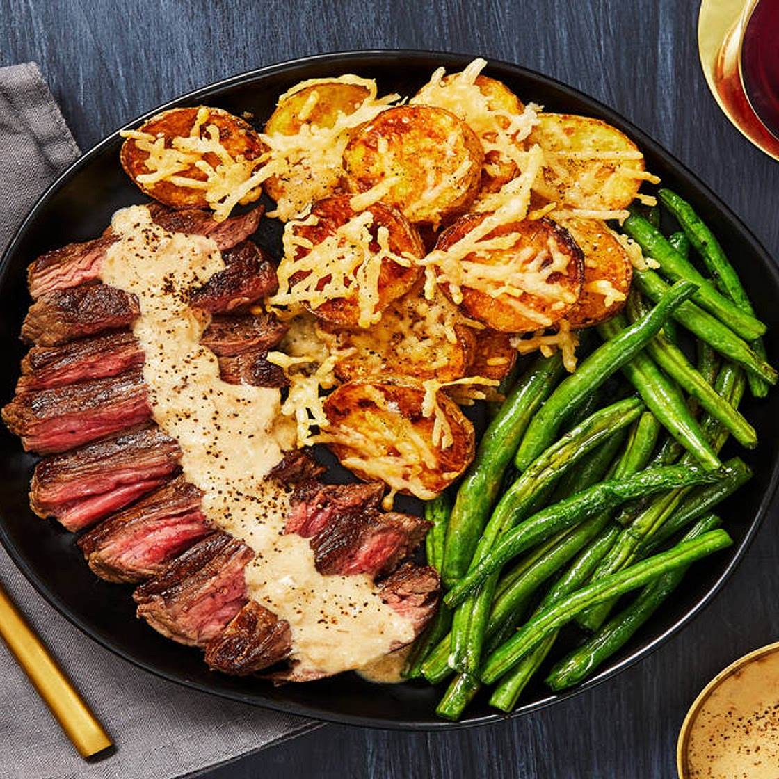 Bavette Steak & Sherry Shallot Sauce with Garlic Parmesan Potato Clusters & Roasted Green Beans