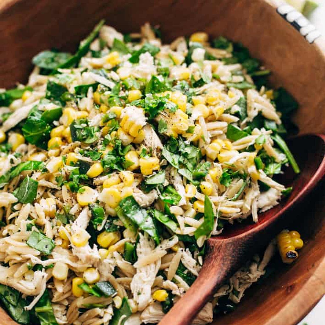 Roasted Corn Chicken Orzo Salad with Garlic Lime Vinaigrette