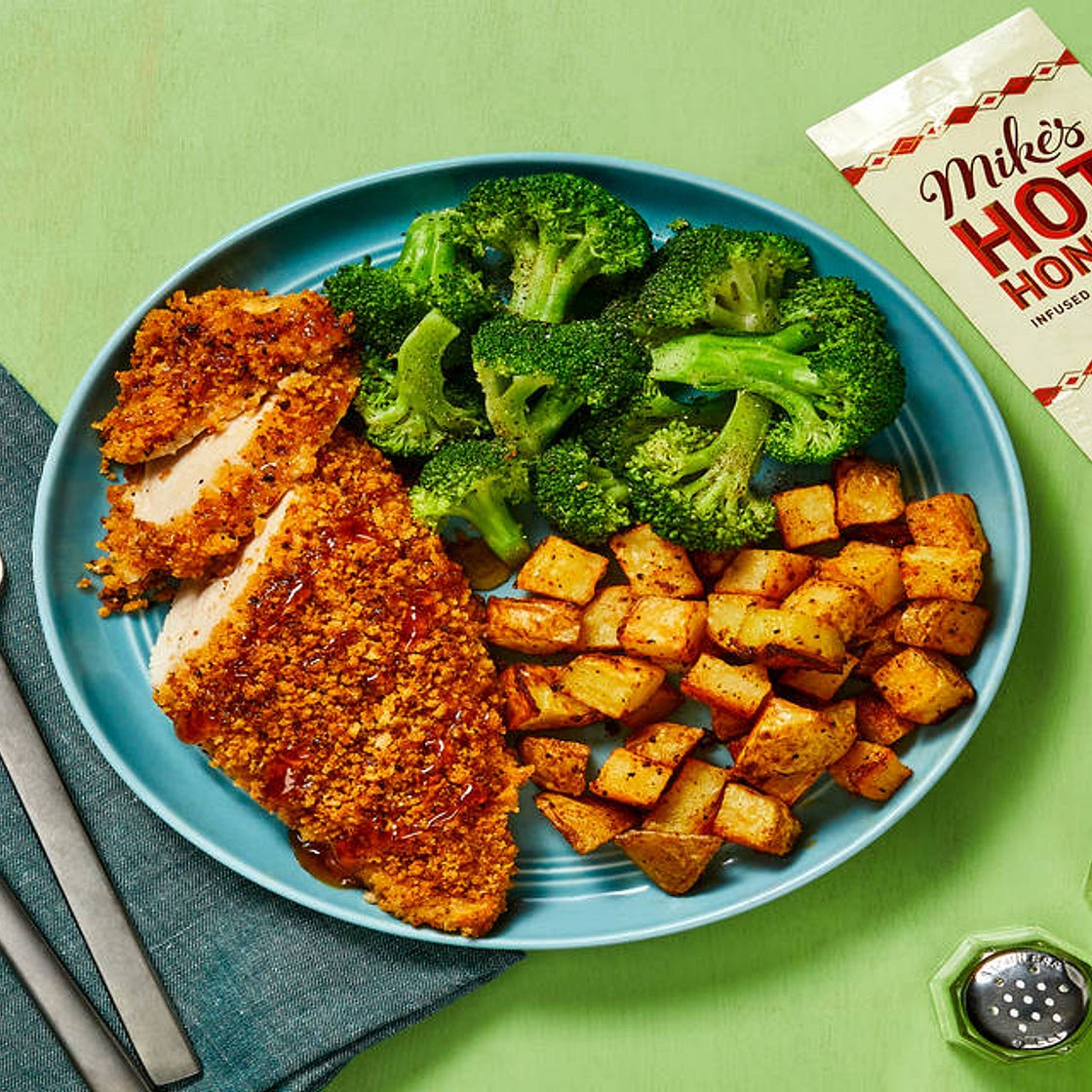 Crunchy Hot Honey Chicken with BBQ-Roasted Potatoes & Buttery Broccoli
