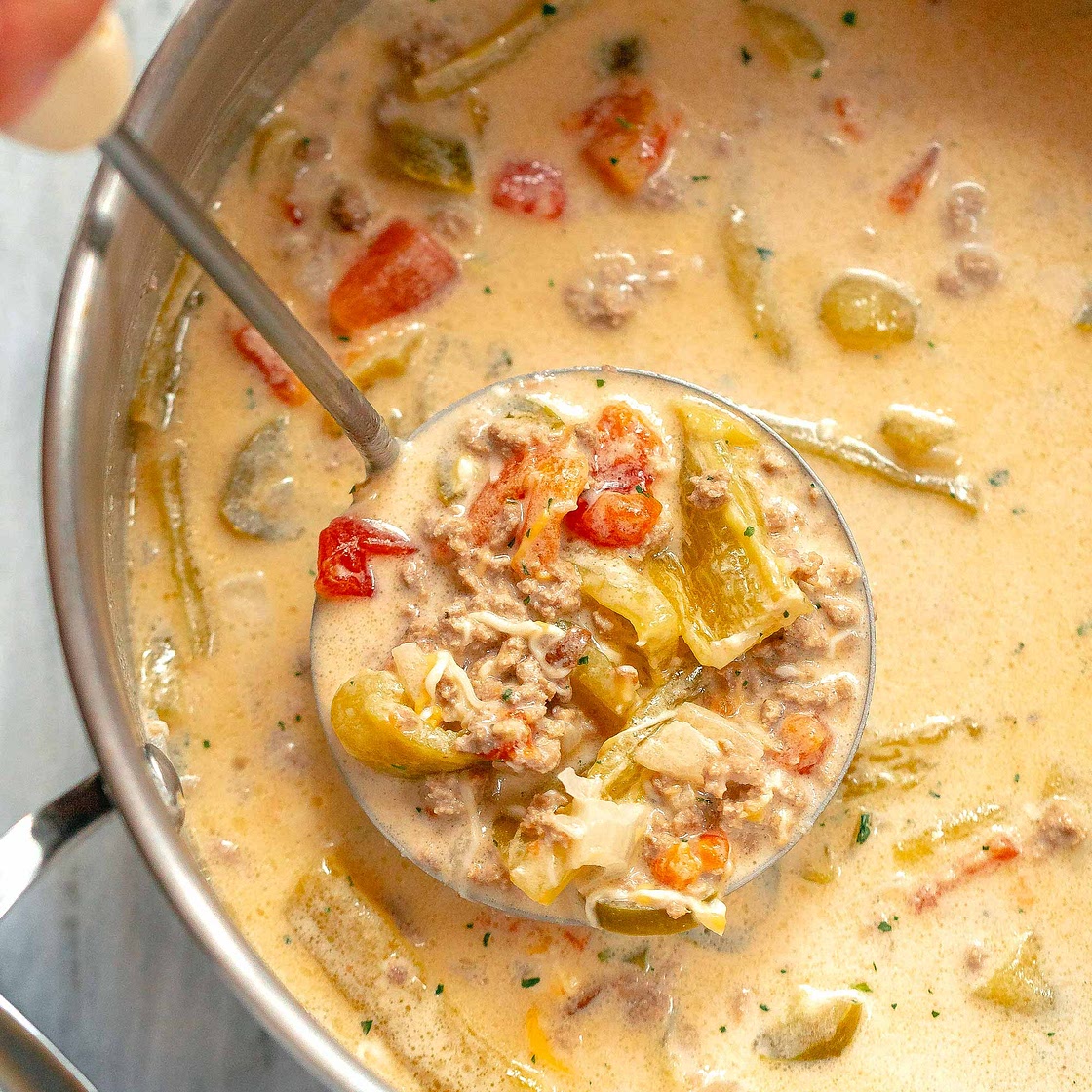 Green Chile Cheeseburger Soup