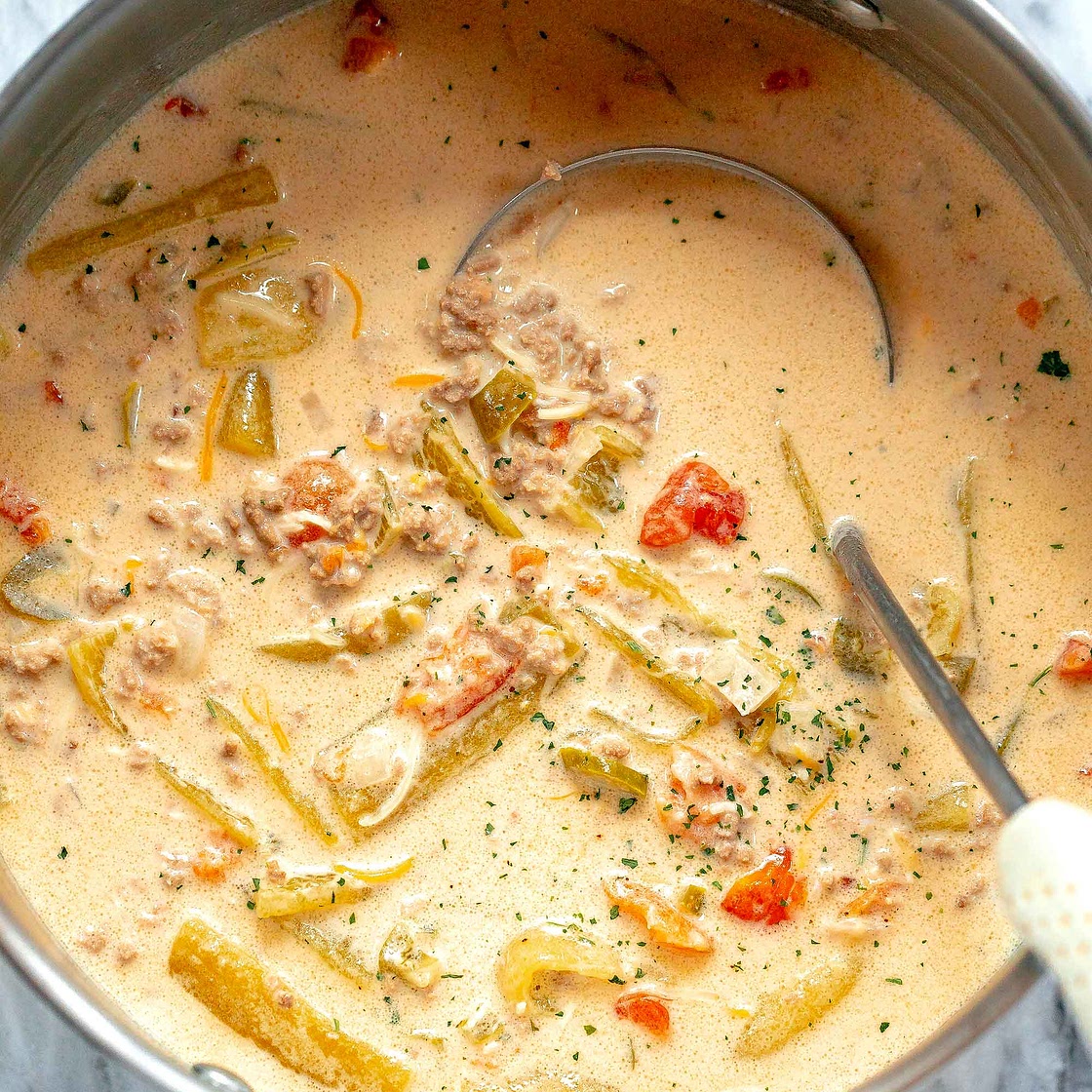 Green Chile Cheeseburger Soup