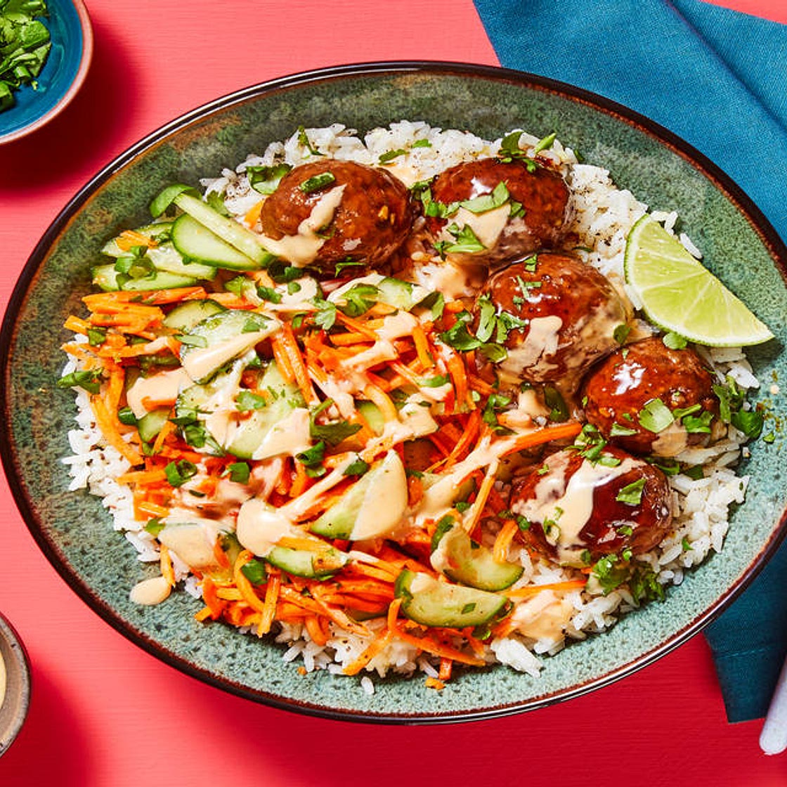 Banh Mi Meatball Bowls with Pickled Veggie Salad, Sriracha Lime Mayo & Ginger Rice