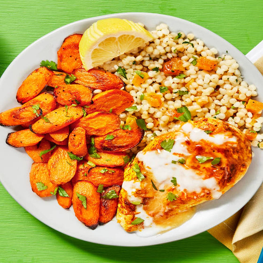 Citrus & Spice Marinated Chicken with Roasted Carrots, Apricot Cilantro Couscous & Garlic Yogurt Sauce