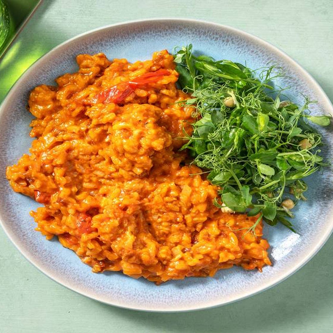 Super Cheesy Ovenbaked Bacon and Tomato Risotto with Pea Shoot Salad