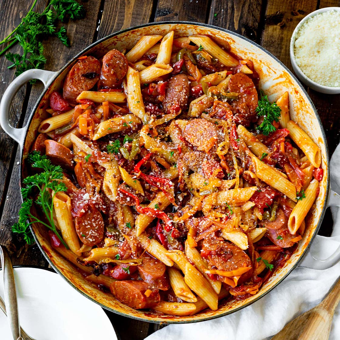 Skillet Italian Sausage and Peppers with Whole-Wheat Penne