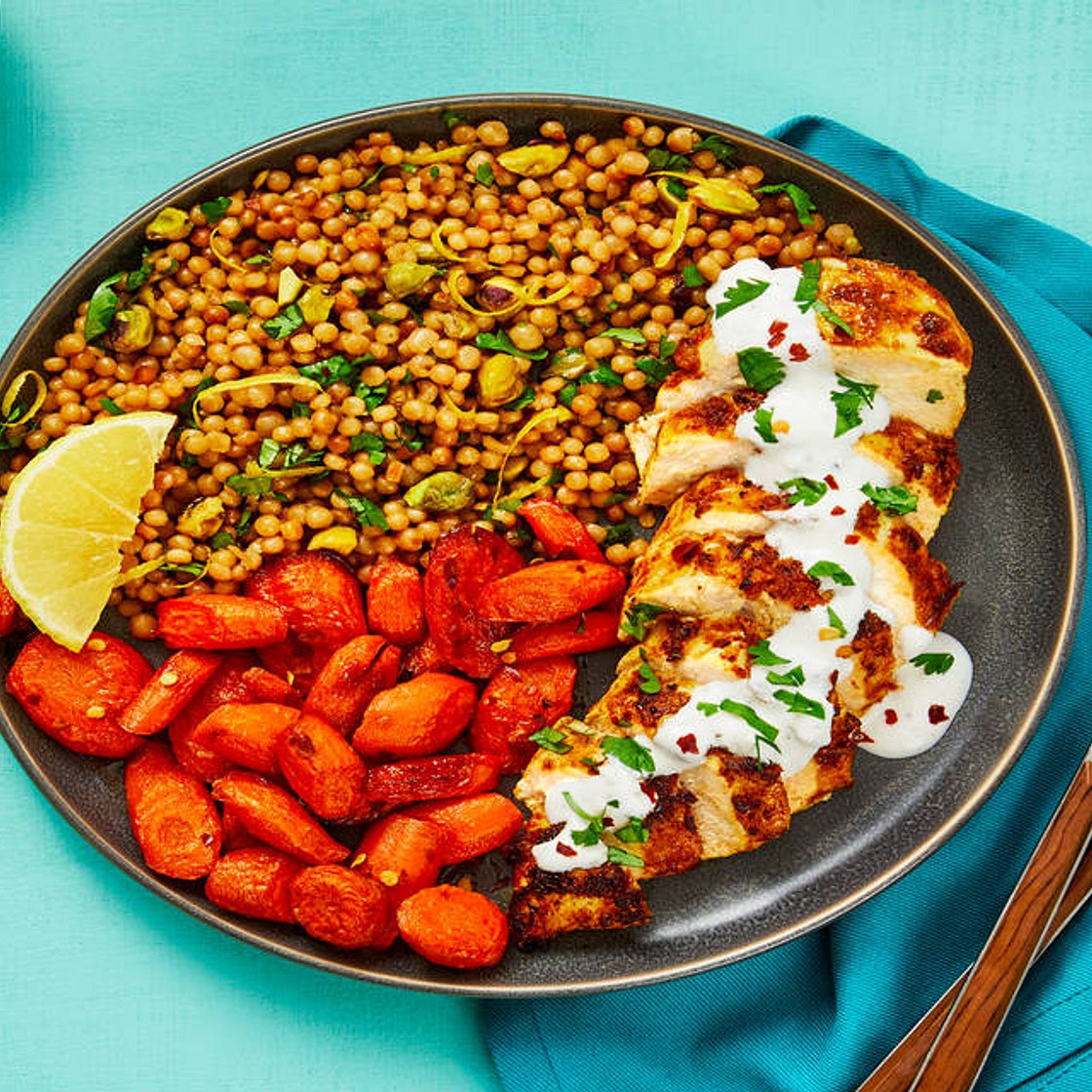 Yogurt-Marinated Chicken & Garlic Sauce plus Pistachio Couscous & Chili-Roasted Carrots