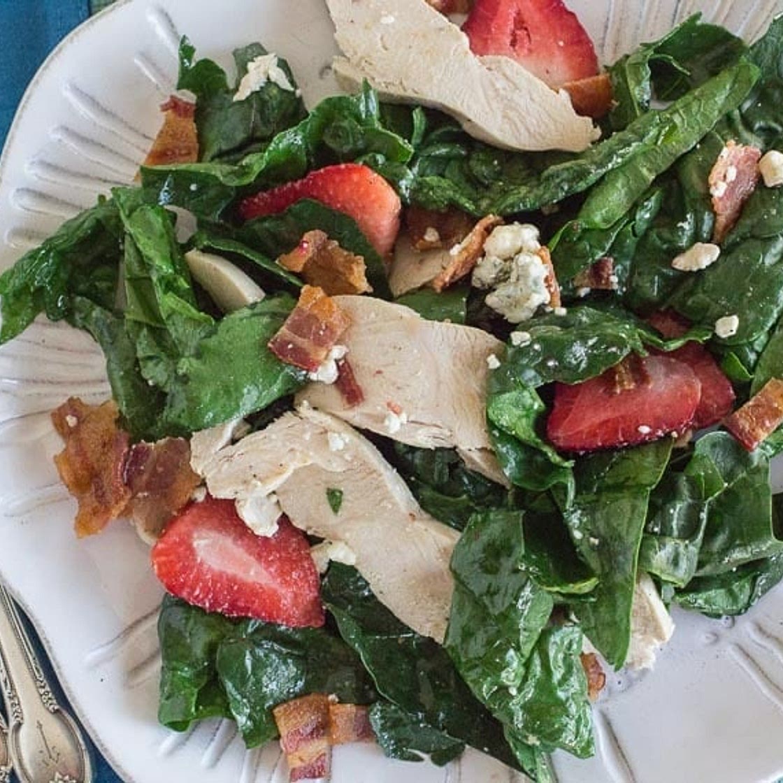 Spinach Salad with Hot Bacon Dressing, Chicken, Blue Cheese & Strawberries