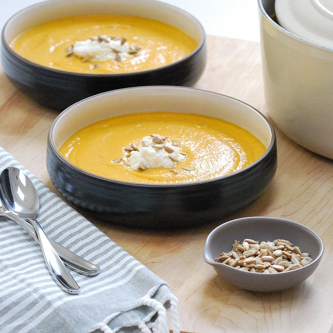 Roasted Sweet Potato and Cauliflower Soup with Honey Whipped Burrata
