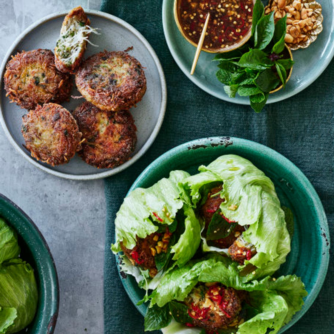 Lettuce cups with pork, vermicelli noodle and lime patties, peanuts and Thai dressing