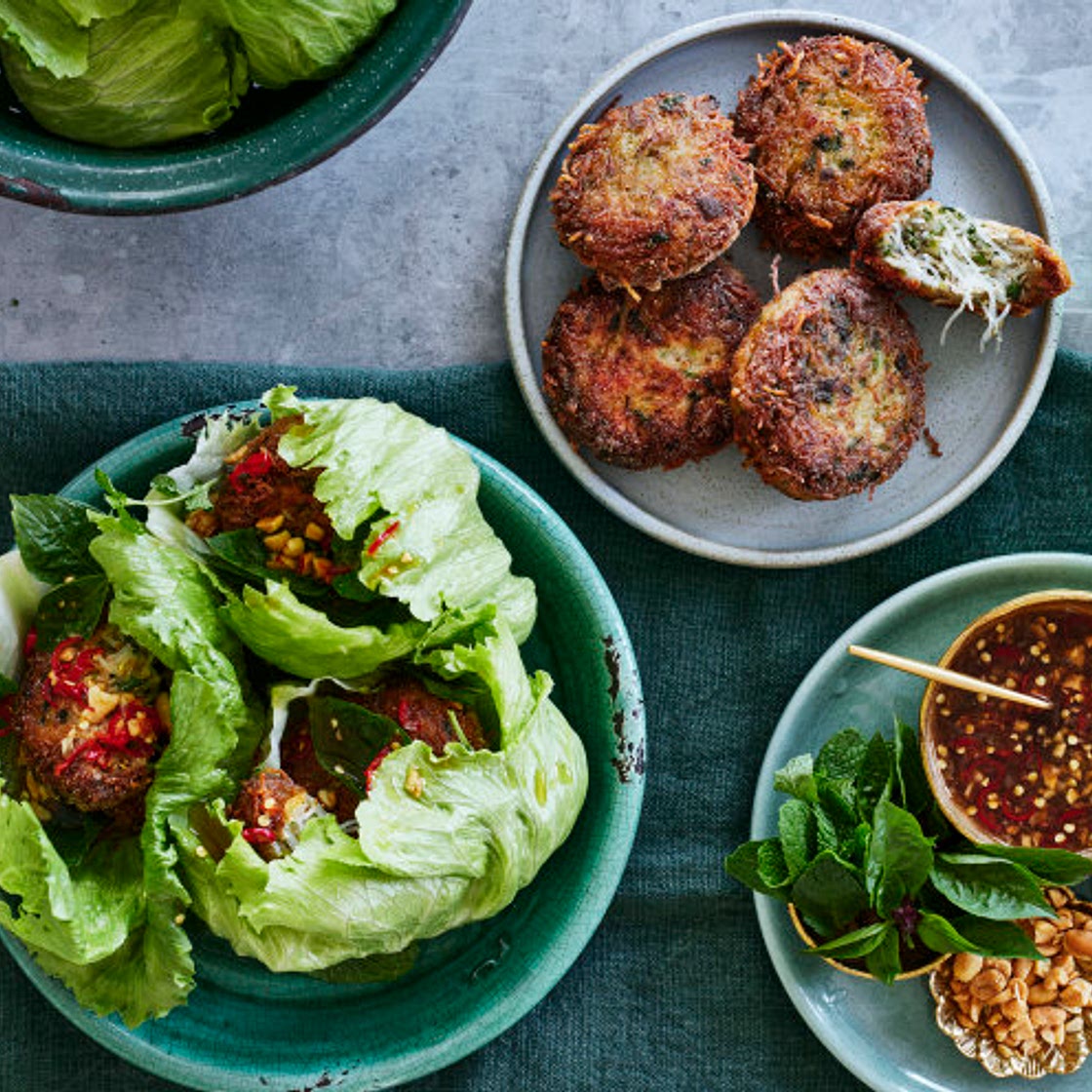 Lettuce cups with pork, vermicelli noodle and lime patties, peanuts and Thai dressing