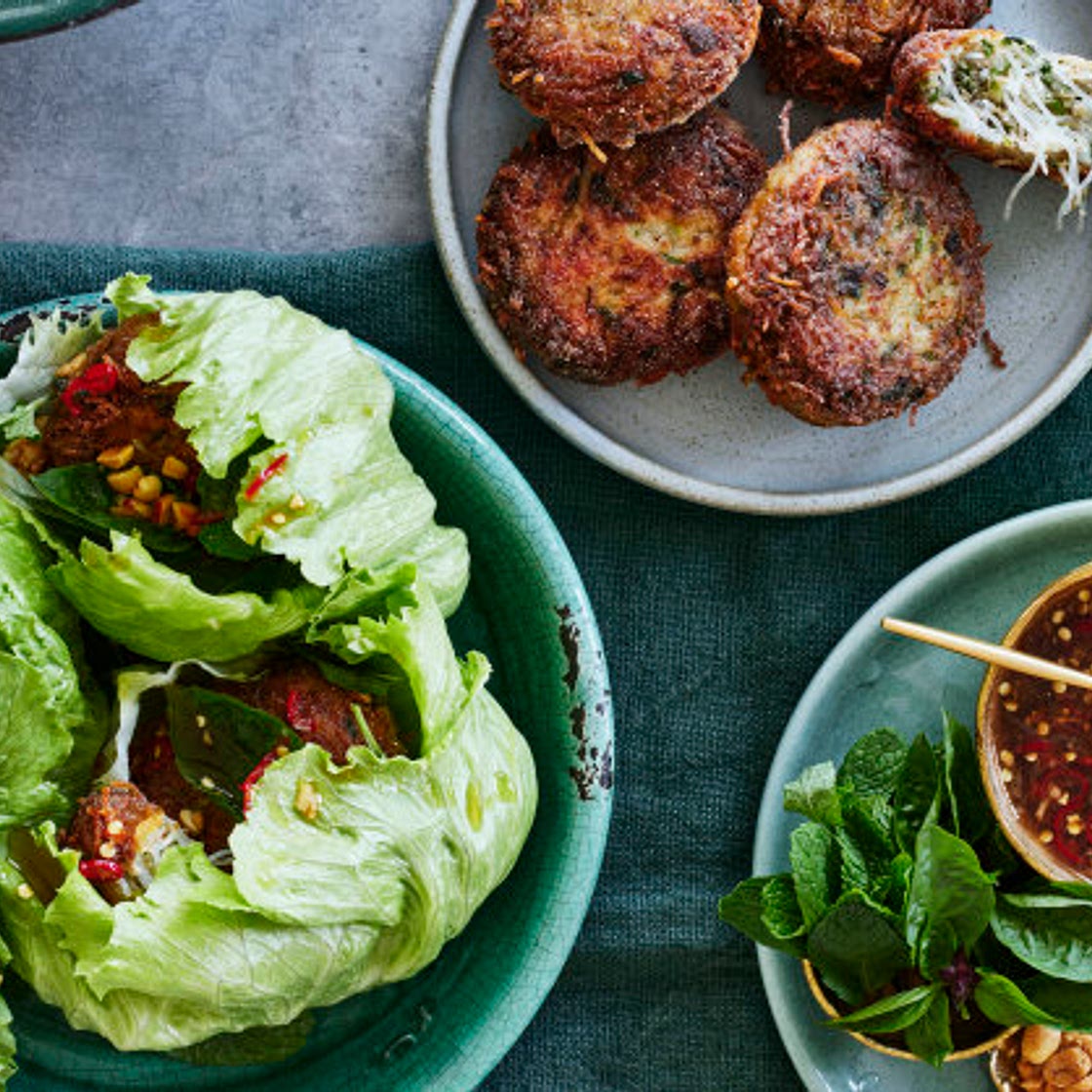 Lettuce cups with pork, vermicelli noodle and lime patties, peanuts and Thai dressing