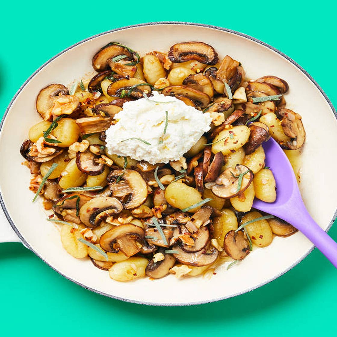 One-Pan Ricotta-Dolloped Gnocchi with Mushrooms, Walnuts & Sage