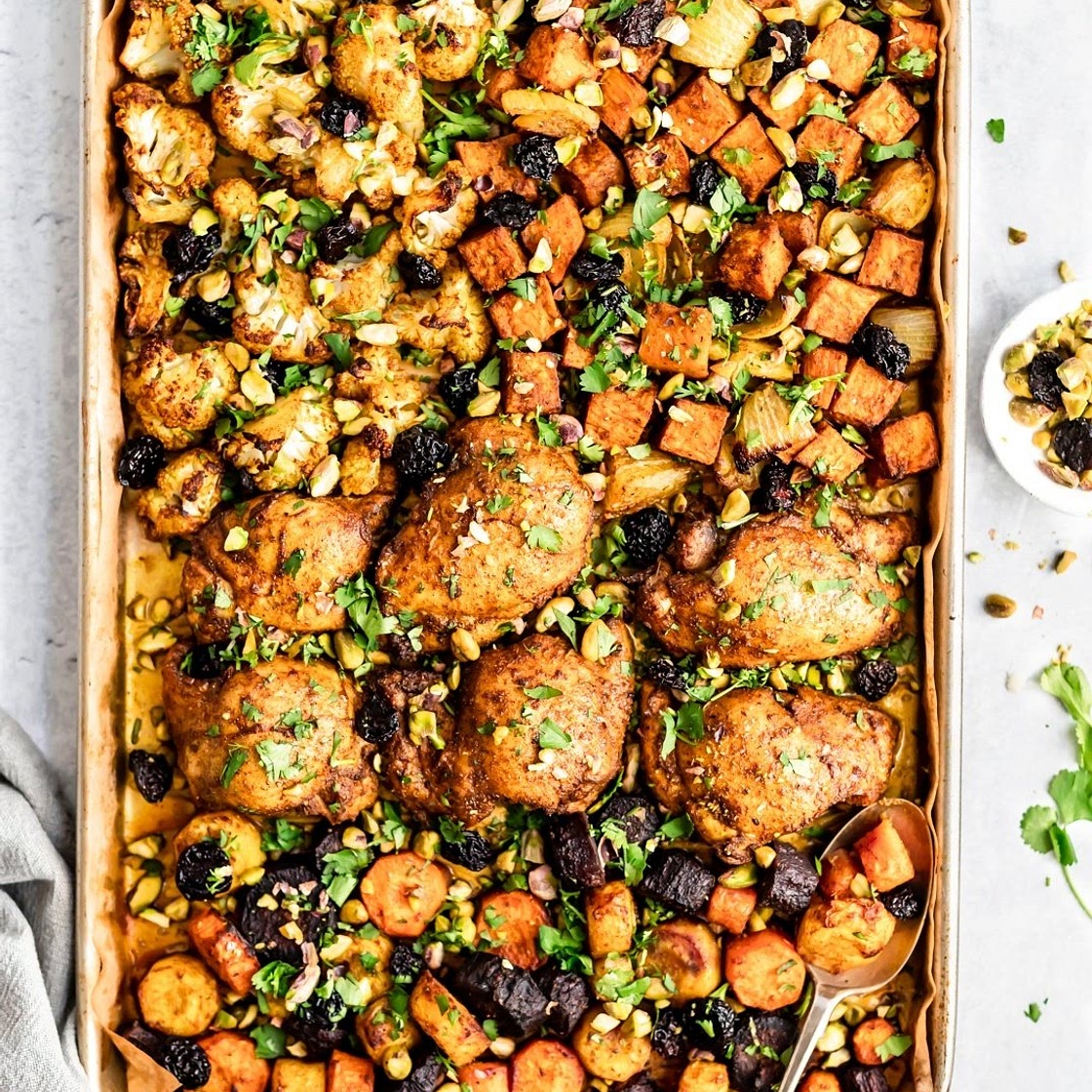 Sheet Pan Moroccan Chicken with Sweet Potatoes & Cauliflower