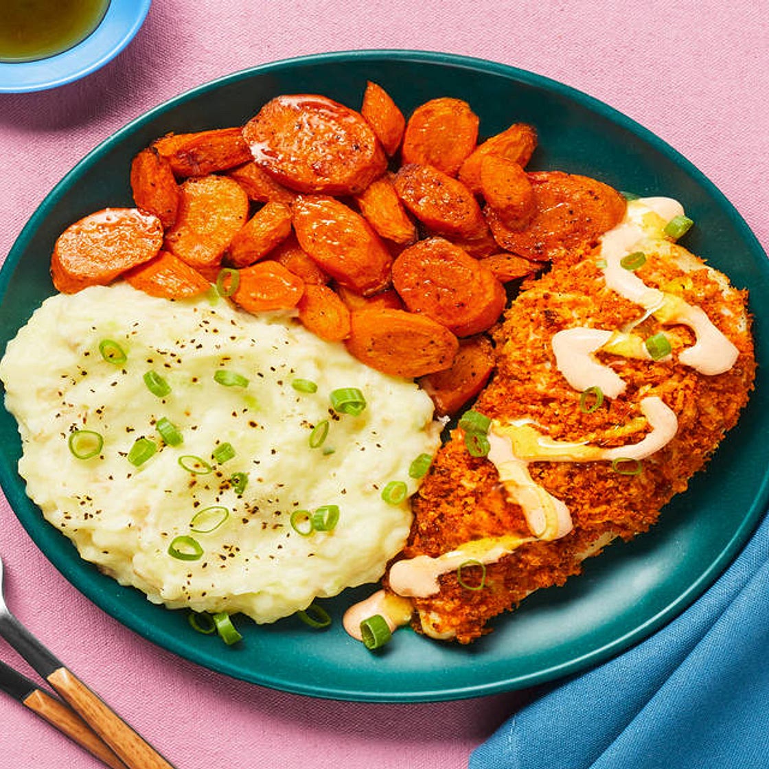 Crispy Kickin’ Cayenne Chicken Cutlets with Mashed Potatoes, Carrots & a Honey Drizzle