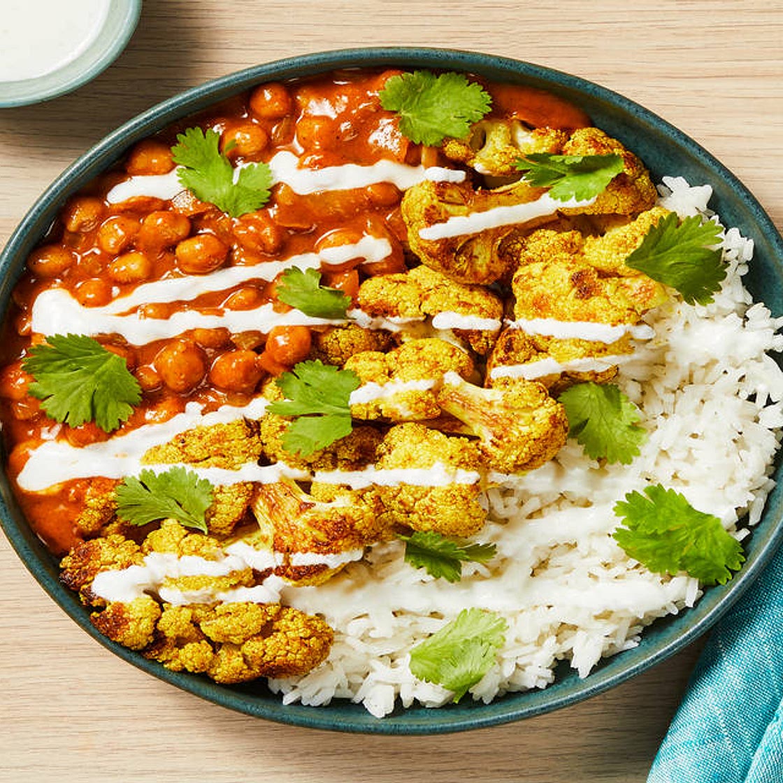 Cauliflower & Chickpea Tikka Masala with Rice, Yogurt & Cilantro