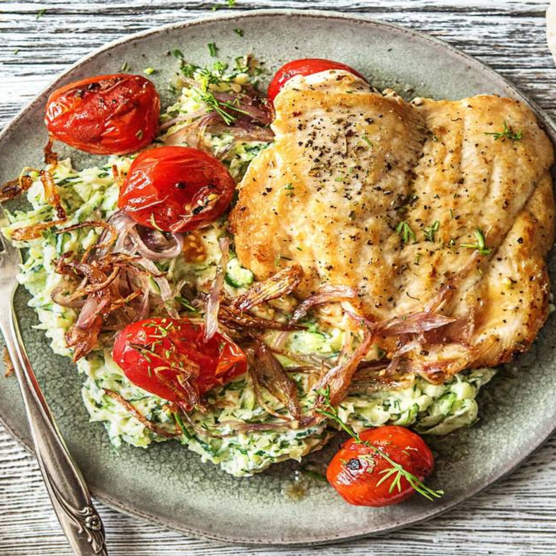 Herbed Chicken Over Zucchini Risotto with Shallot and Blistered Tomatoes