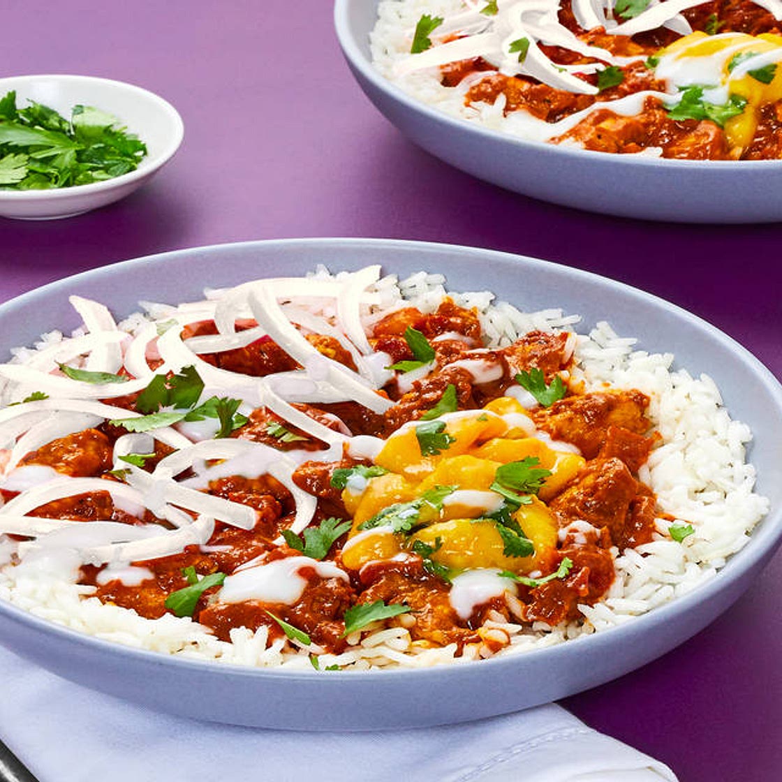 Chicken Tikka Masala Rice Bowl with Mango Cilantro Chutney