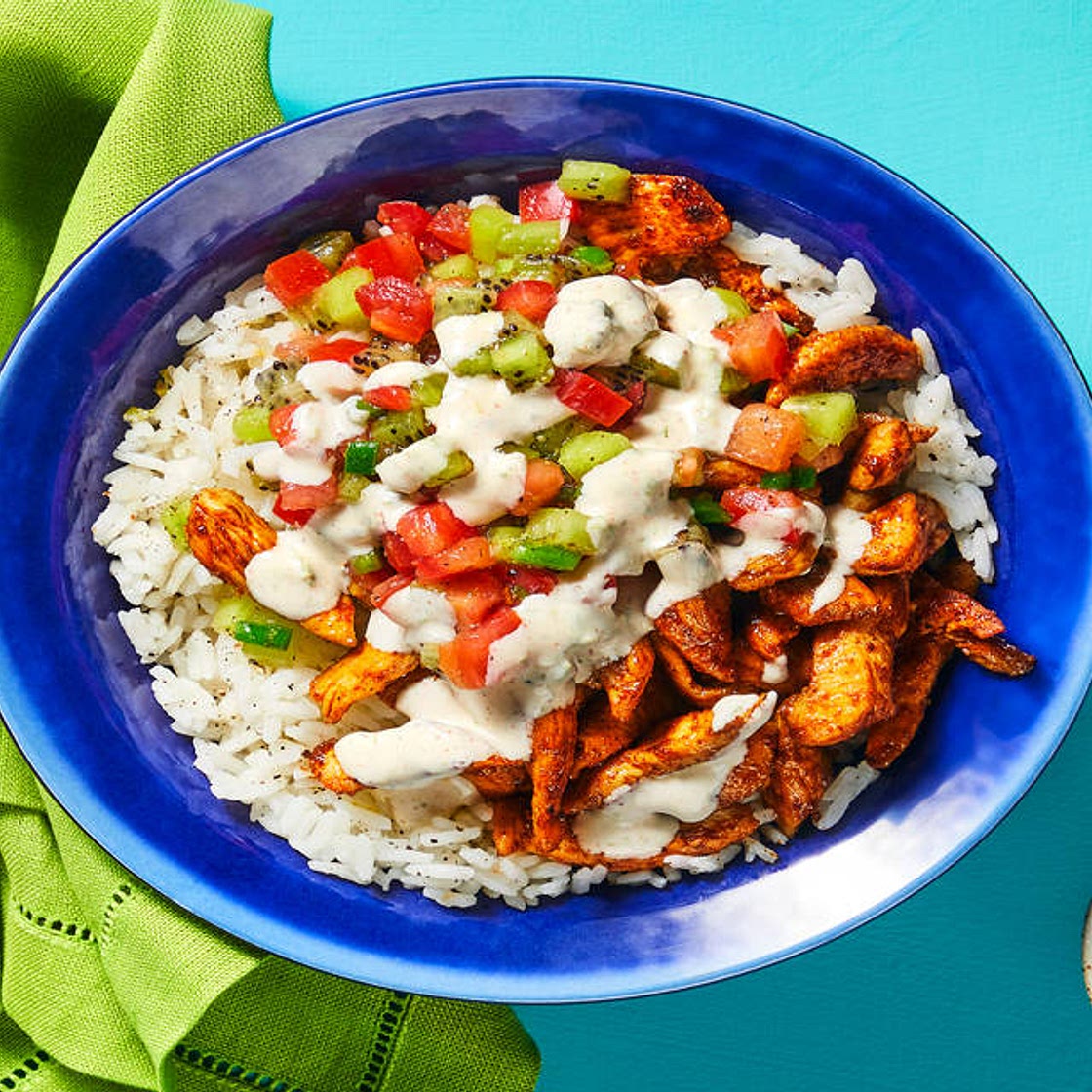 Surf’s Up Chicken & Rice Bowls with Kiwi Salsa & Chipotle Lime Crema