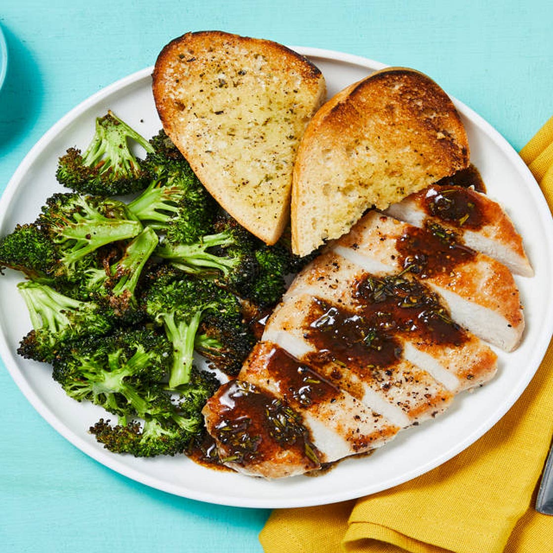 Balsamic Rosemary Pork Chops with Garlic Toast & Broccoli