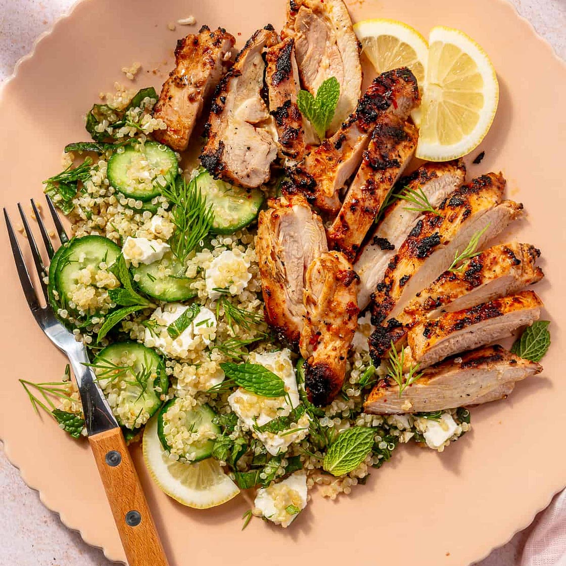 Harissa-Yogurt Marinated Chicken with Cucumber- Quinoa Salad