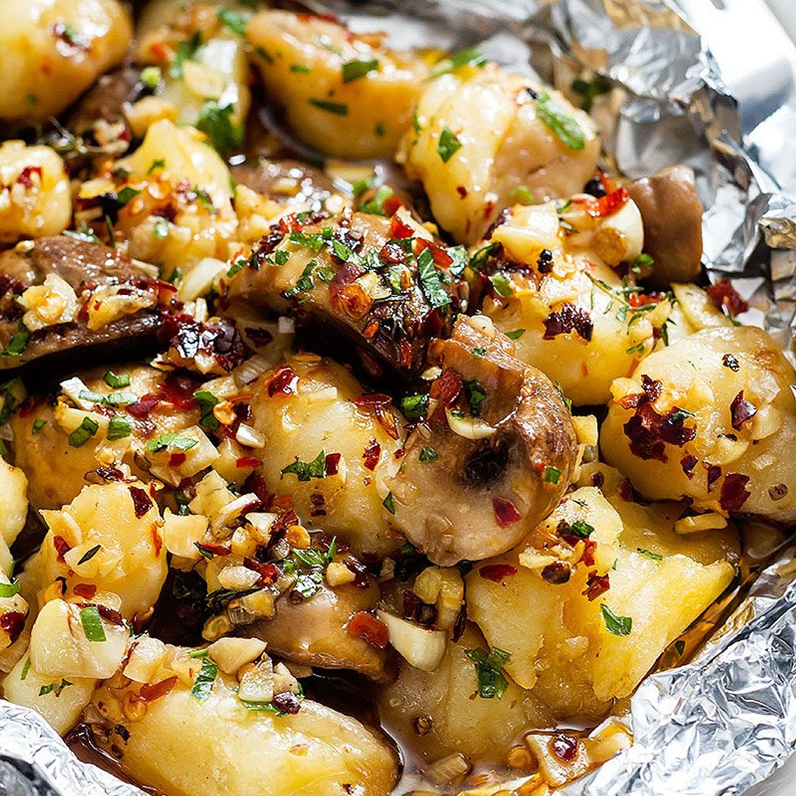 Garlic Butter Mushrooms and Gnocchi in Foil Packets