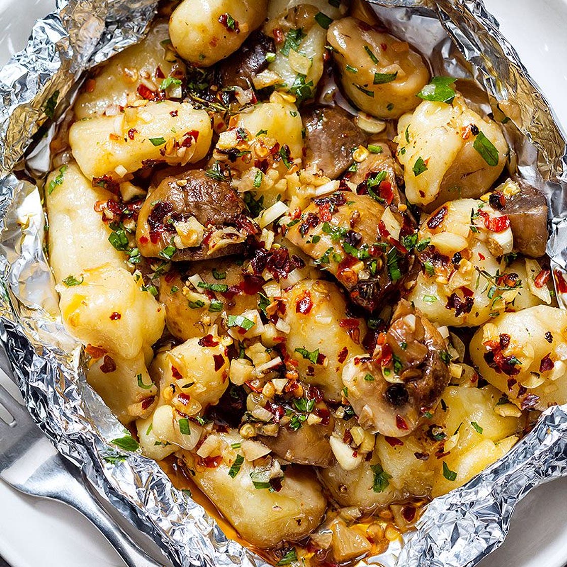Garlic Butter Mushrooms and Gnocchi in Foil Packets