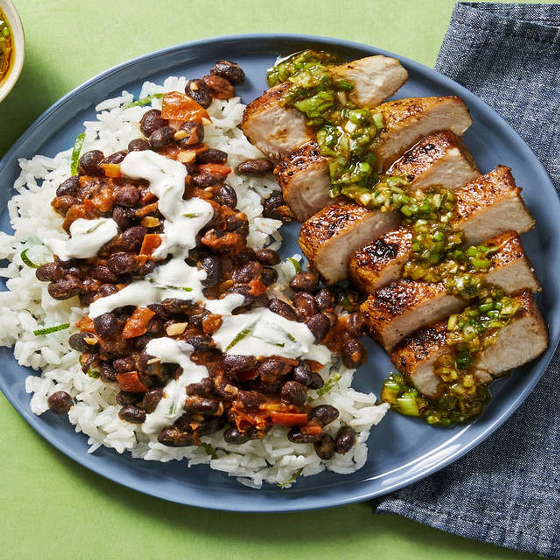 Chimichurri Pork Chops & Buttery Black Beans over Rice