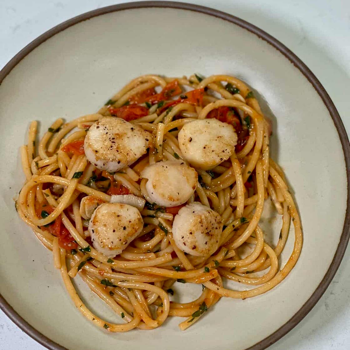 Burst Tomato Pasta with Seared Scallops