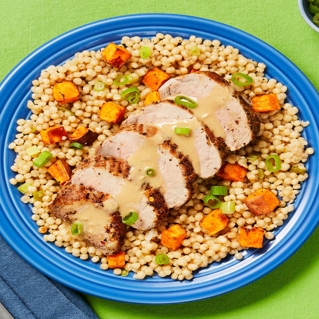 Pork Tenderloin with Creamy Pan Sauce plus Roasted Sweet Potato Couscous