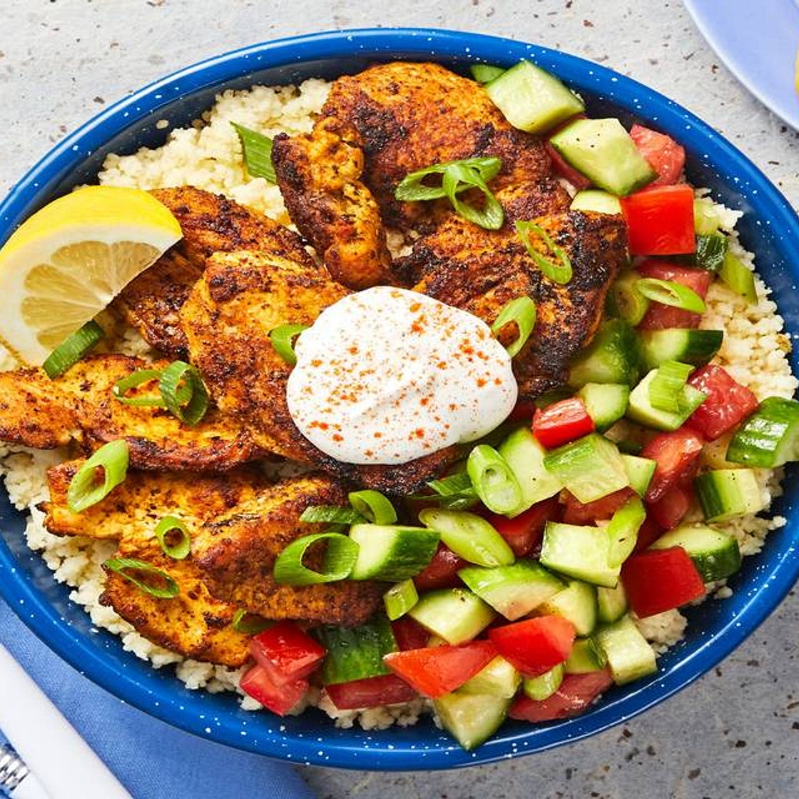Mediterranean Chicken Bowls with Couscous and Yogurt Sauce