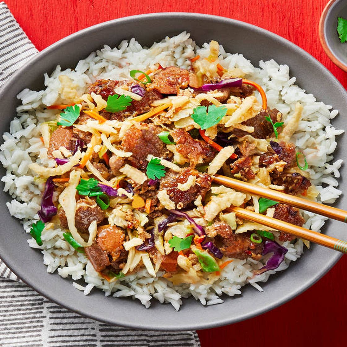 Sweet Chili Pork & Cabbage Stir-Fry with Cilantro & Crispy Fried Onions