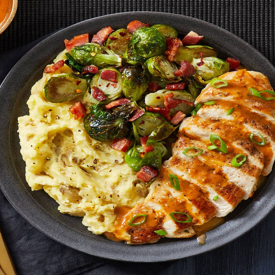 Butter-Basted Chicken Breasts with Candied Bacon Brussels Sprouts and Mashed Potatoes