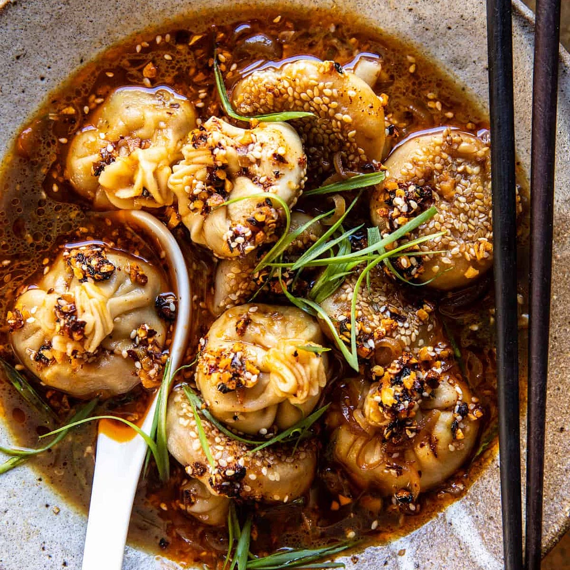 Chili Crisp Butternut Squash Dumplings in Ginger Soy Broth