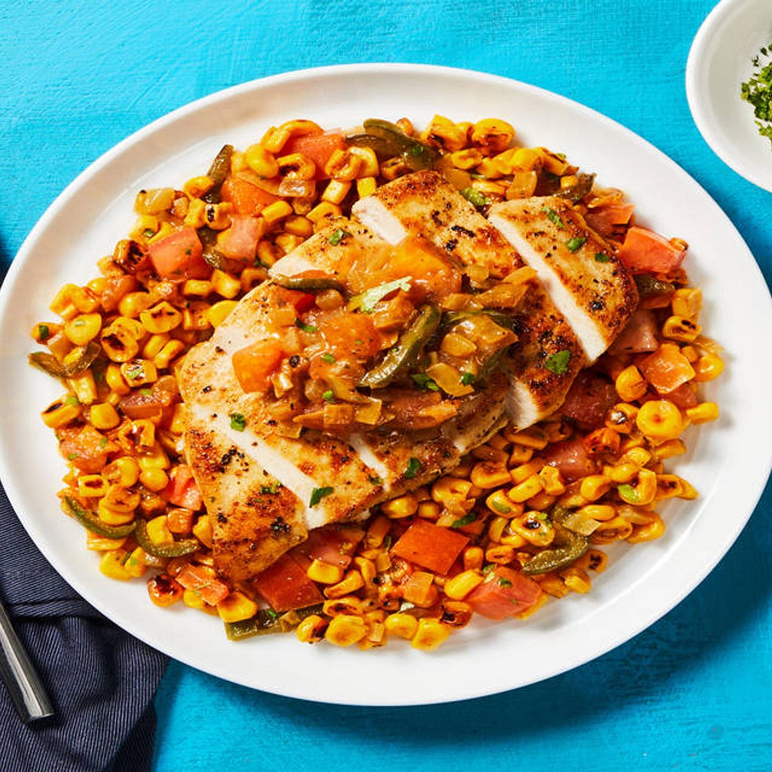 Fiery Mexican-Style Chicken with Charred Corn Salad & Tomato-Jalapeño Salsa