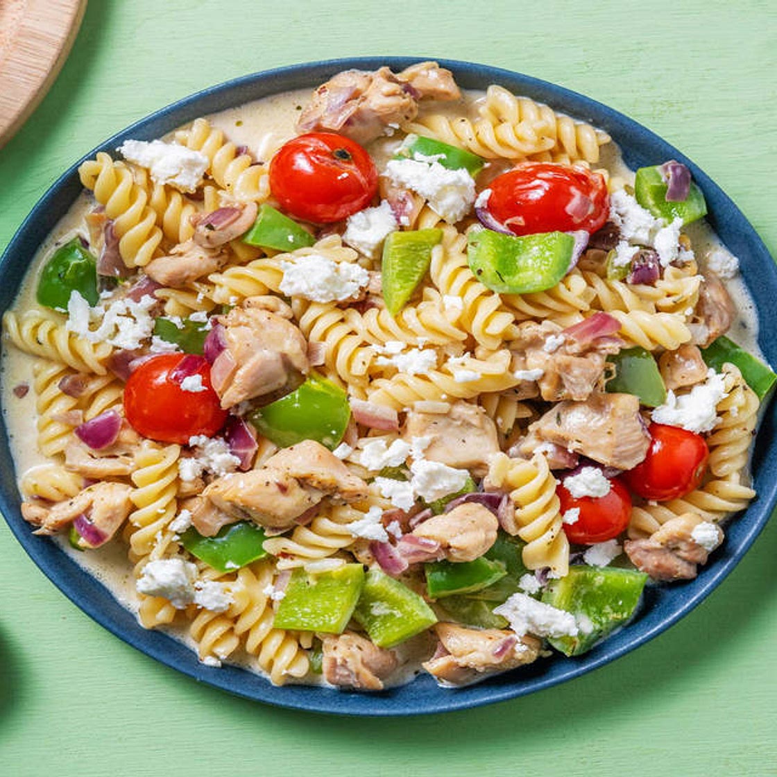 Greek-Inspired Chicken Pasta with Creamy Sauce and Feta