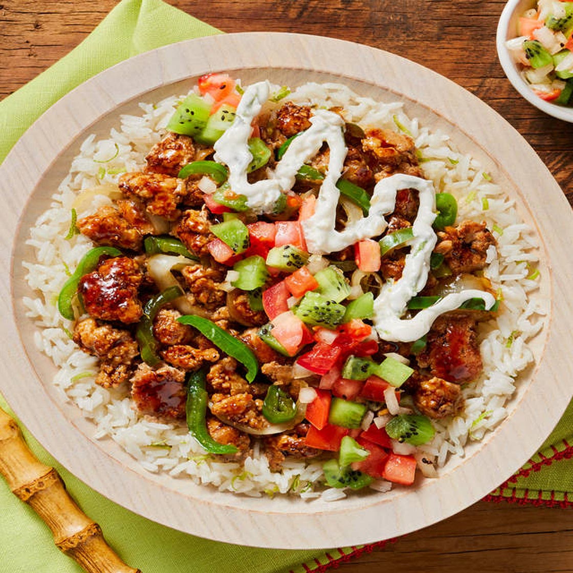 Teriyaki Pork Luau Bowls with Kiwi Salsa & Lime Crema