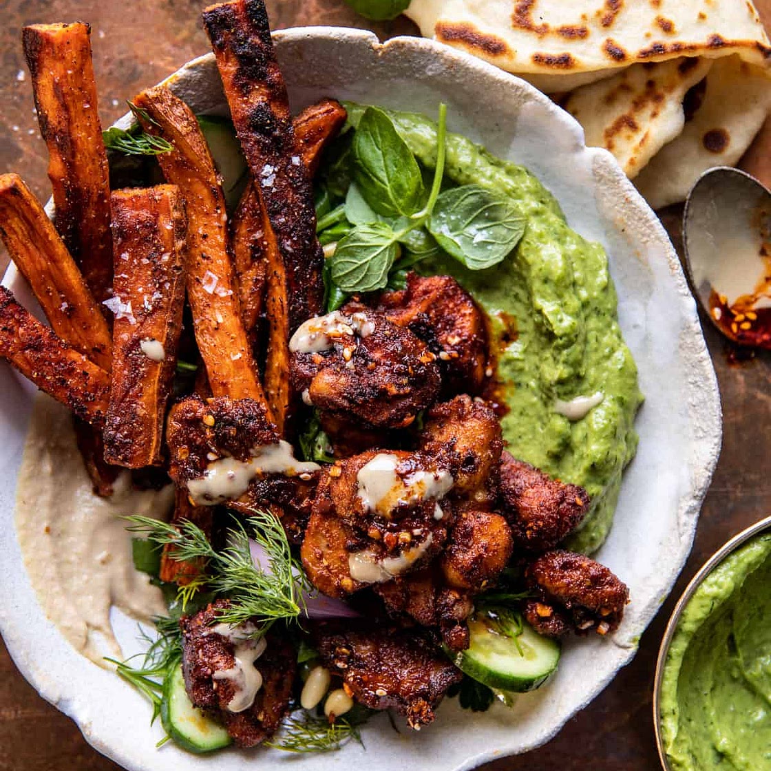 Sheet Pan Lemon Chicken with Sweet Potatoes and Avocado Goddess Sauce
